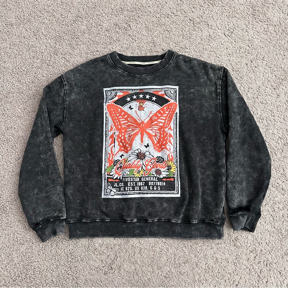 Fivestar General Graphic Black Acid Wash Distressed Crewneck Sweatshirt Womens S